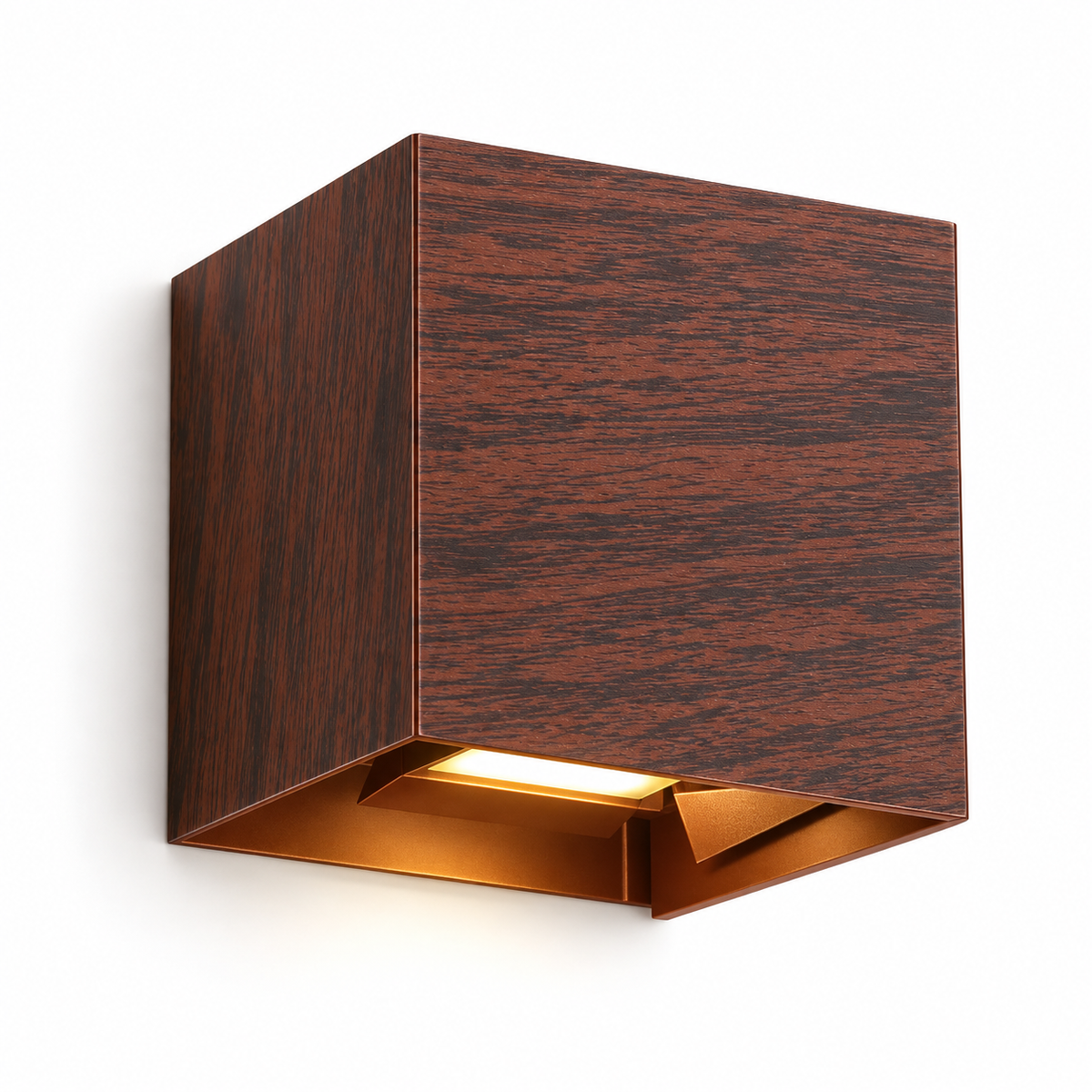 Walnut-effect cube wall light on white with its square metal body and recessed lower beam opening