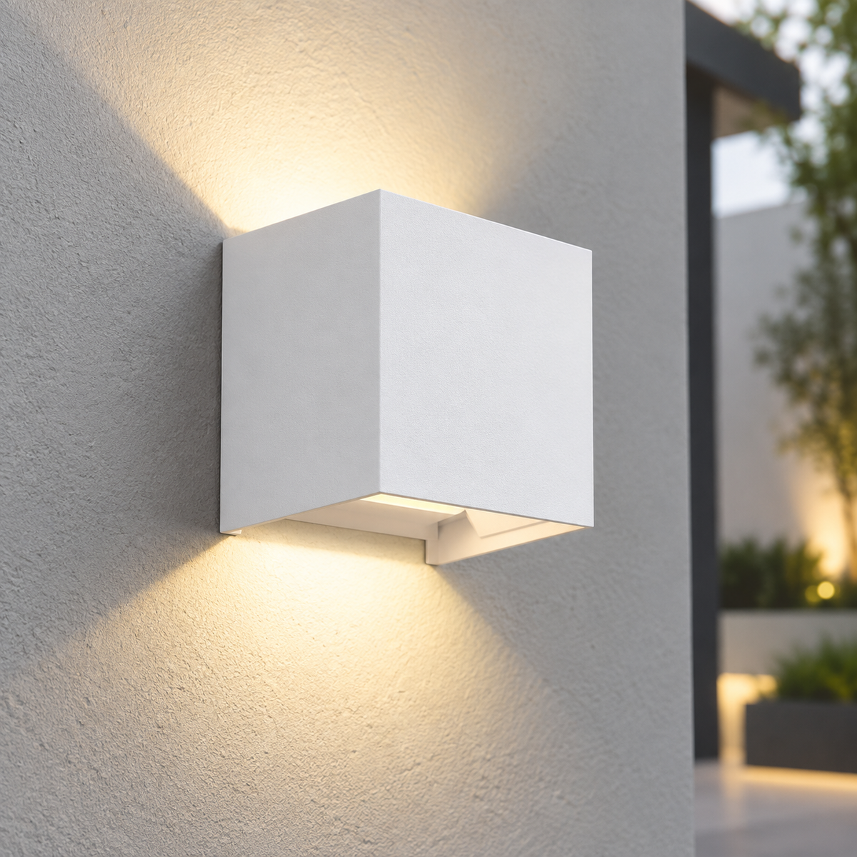 White 12W cube wall light installed on a pale grey wall