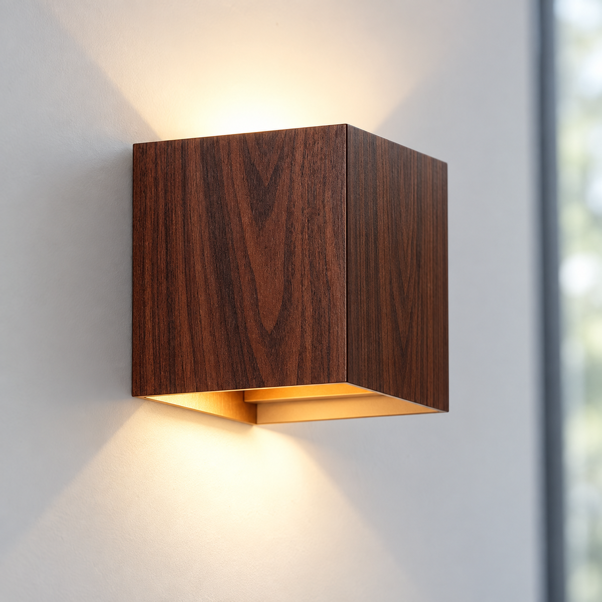 Dark walnut-effect aluminium cube wall light, 10 cm wide