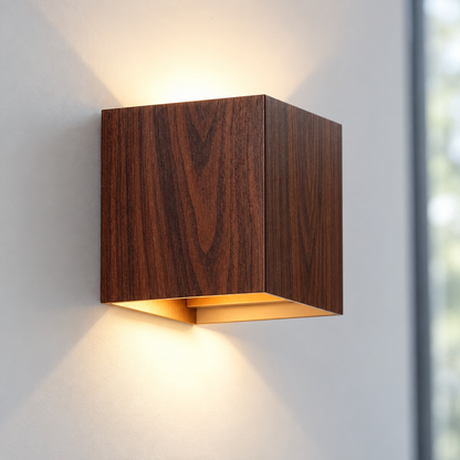 Dark walnut-effect aluminium cube wall light, 10 cm wide