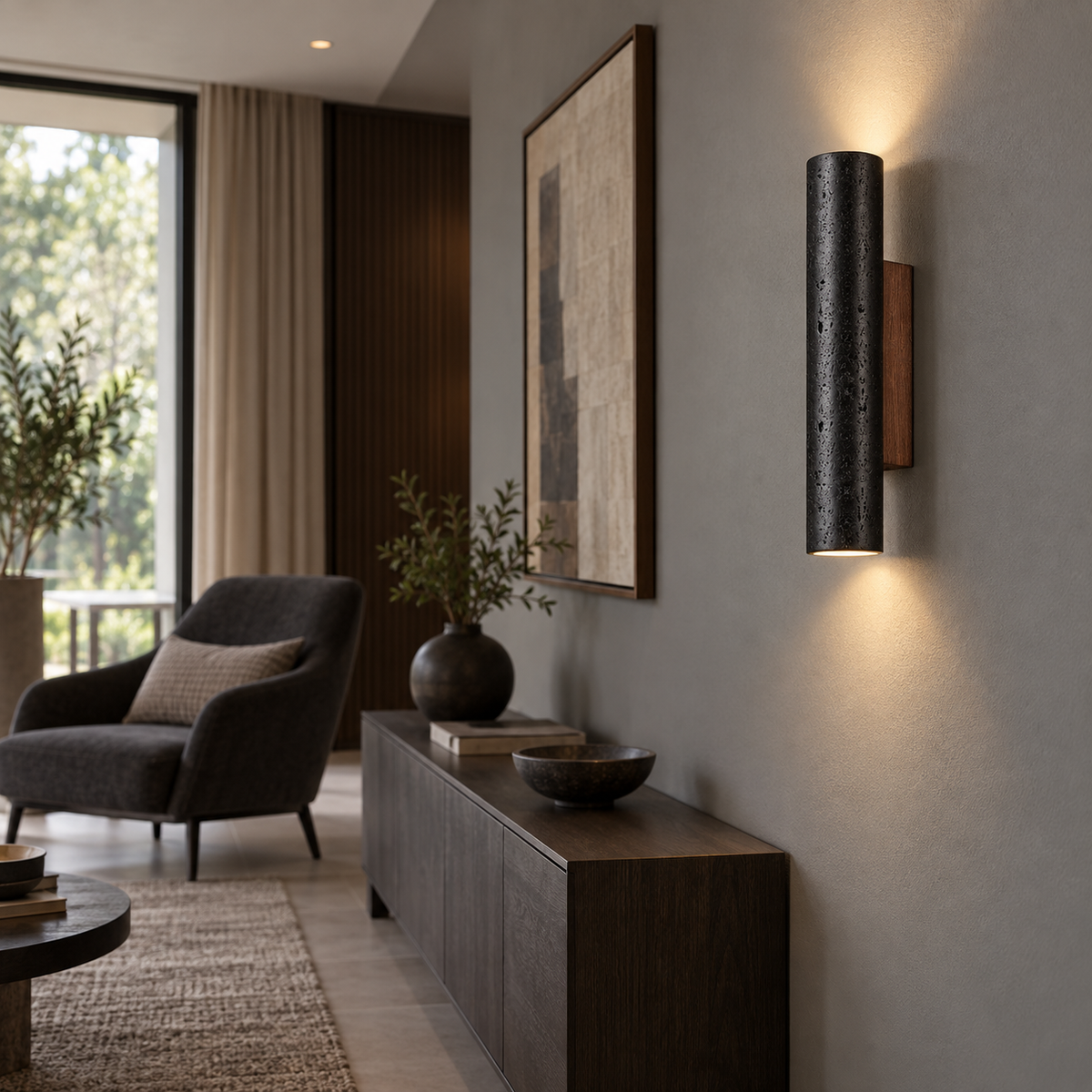 Black round travertine wall light, 32 cm high, installed beside a living room console
