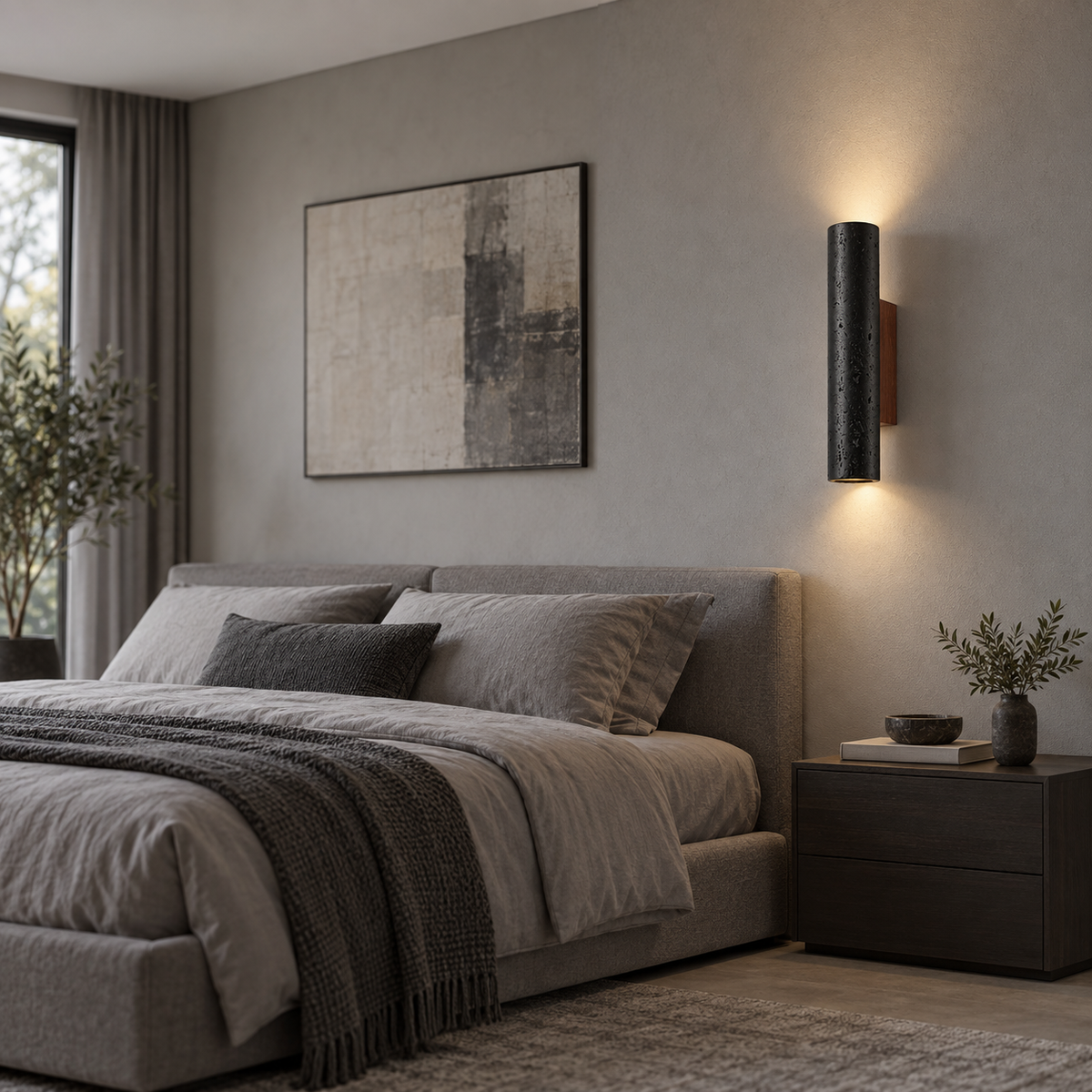 Black round travertine wall light installed in a modern gray bedroom
