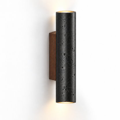 Black cylindrical travertine wall light, 32 cm high, on a pure white background