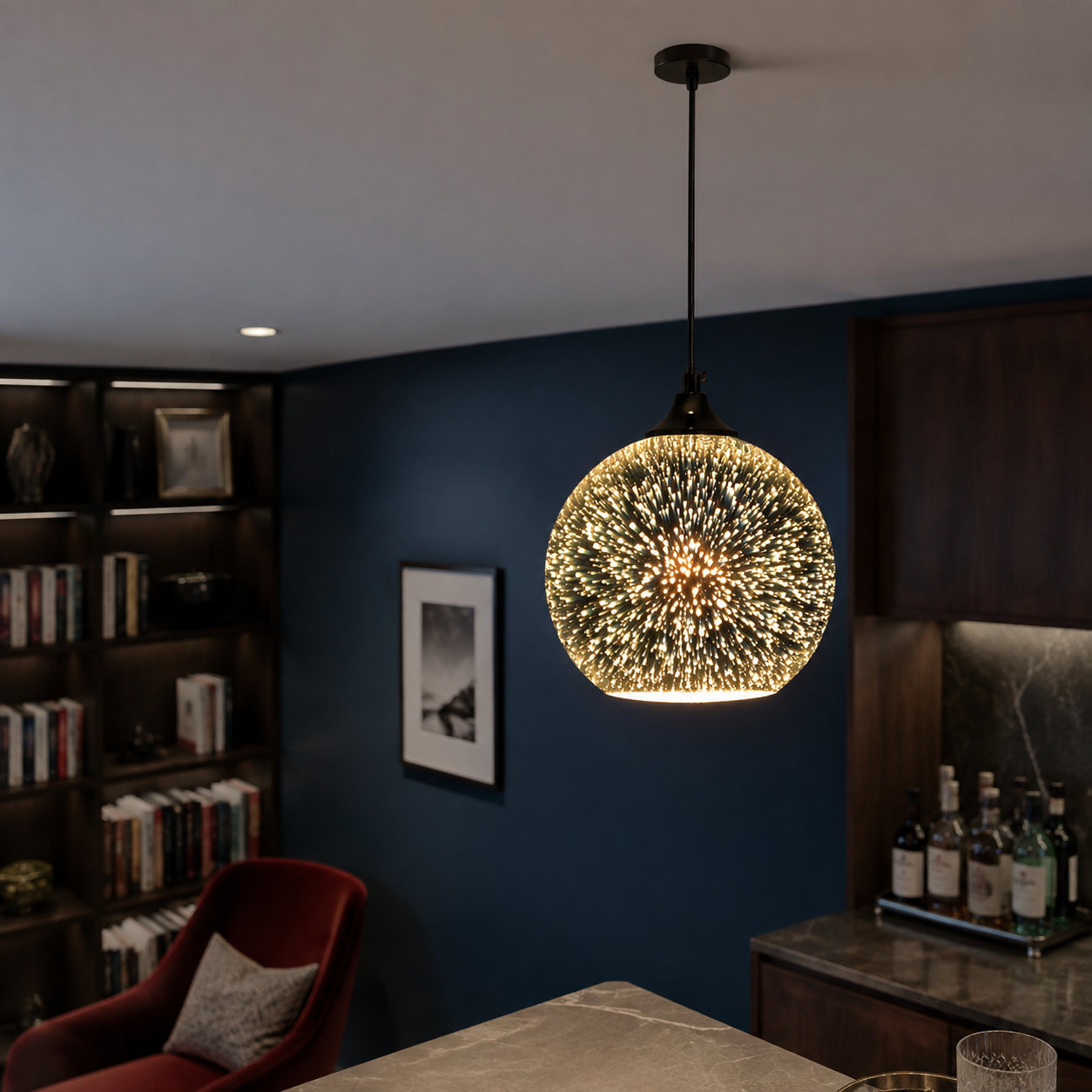Pendellampa med fyrverkerier i glas med 3D-effekt