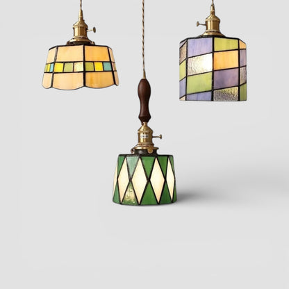 French vintage wood brass glass pendant light