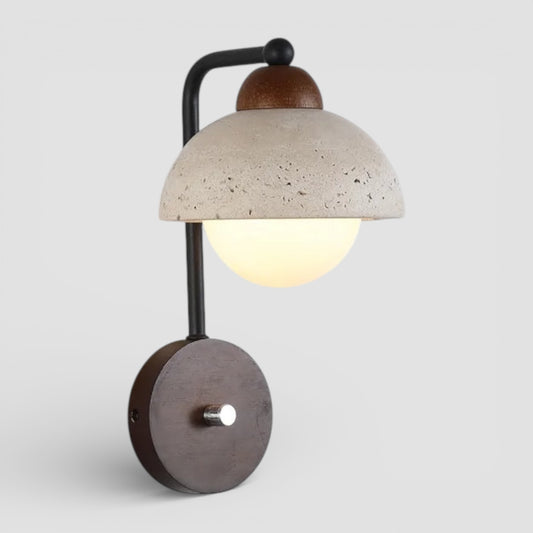 Travertine stone with wood accent wall light