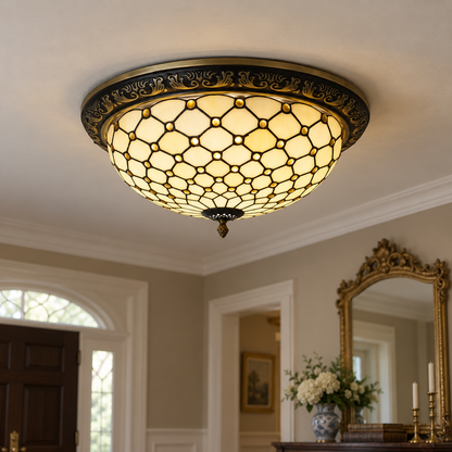 Ronde glazen plafondlamp in Tiffany-stijl