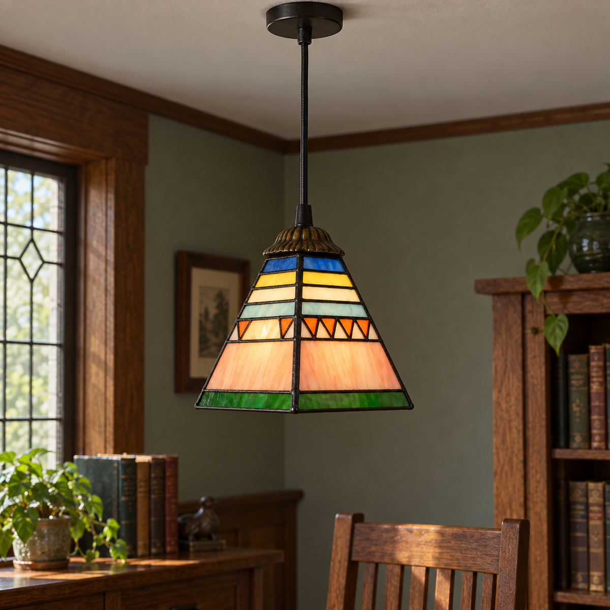 Tiffany-style multicolor stained-glass pendant light