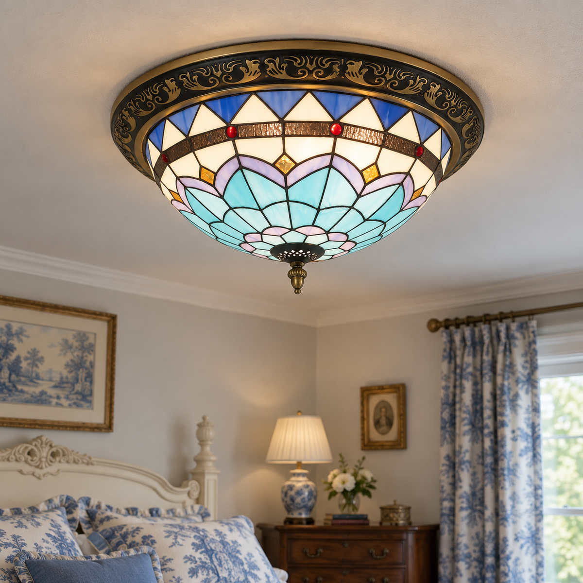 Ronde glazen plafondlamp in Tiffany-stijl