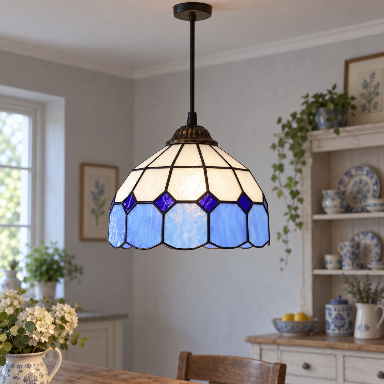 Tiffany-style multicolor stained-glass pendant light