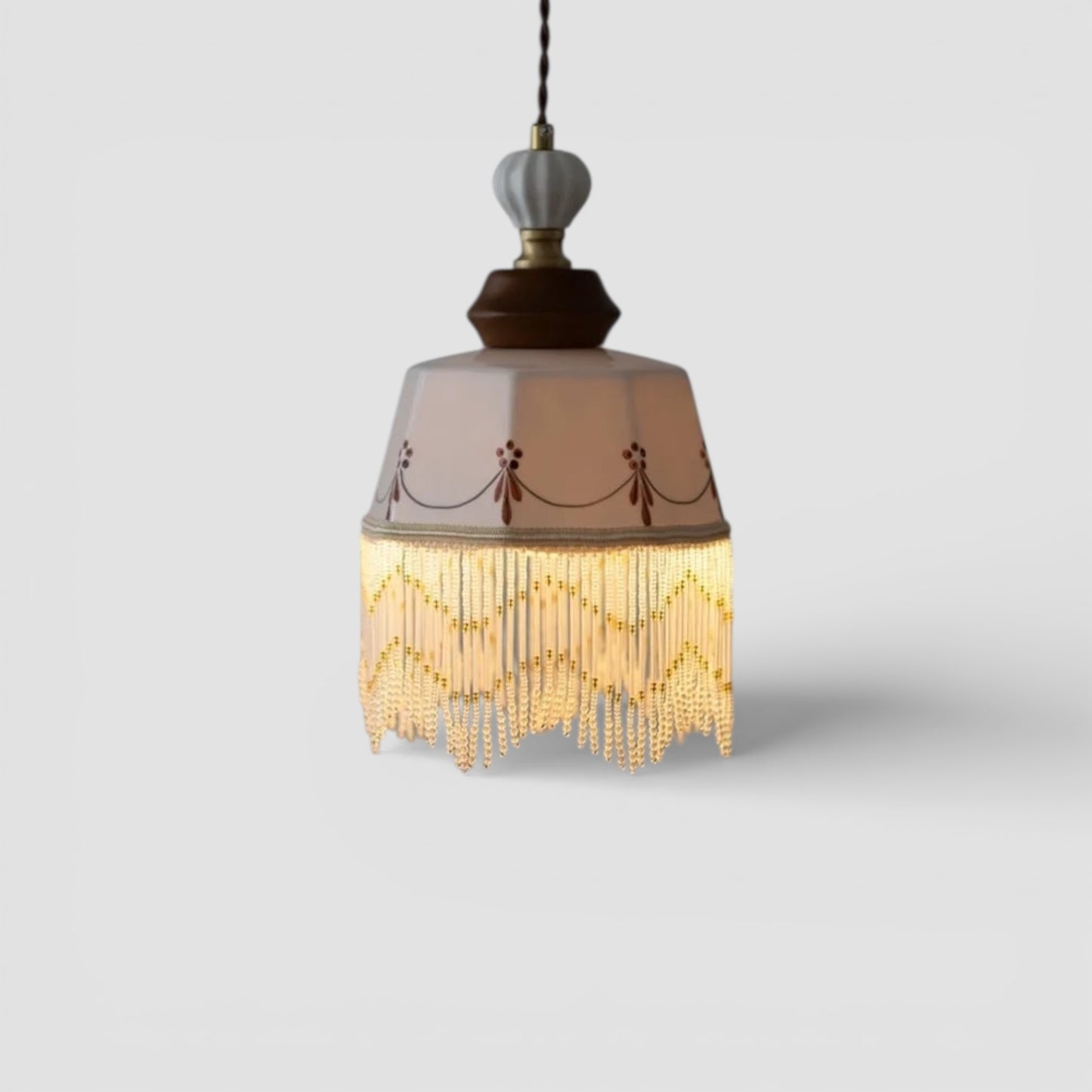 Copper wood pendant with white ceramic tassel