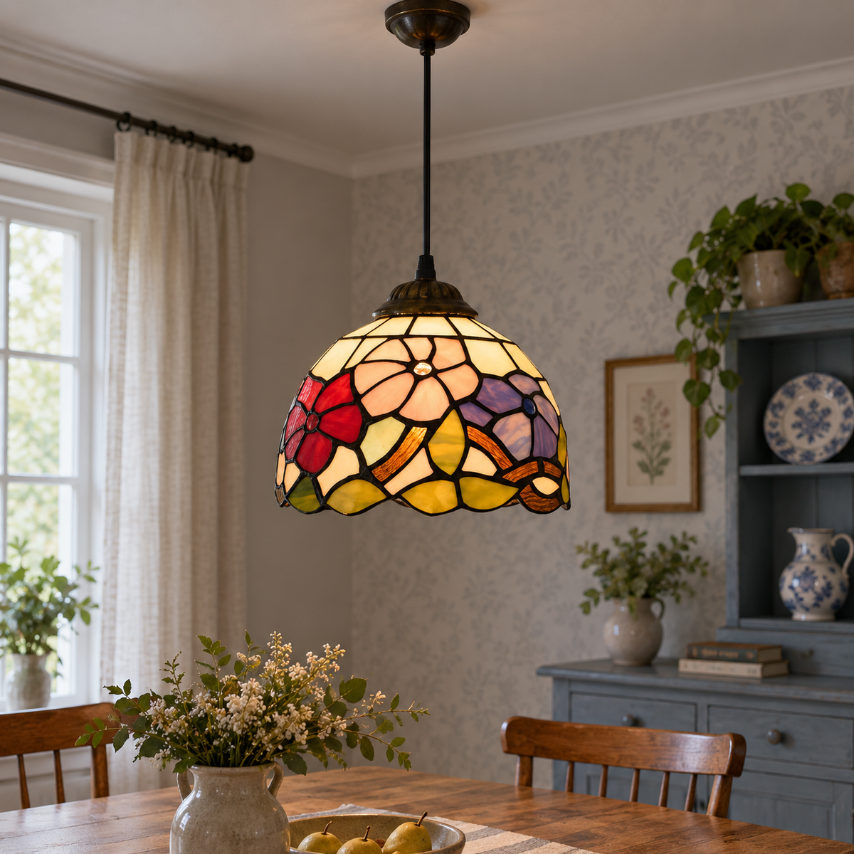 Tiffany-style multicolor stained-glass pendant light