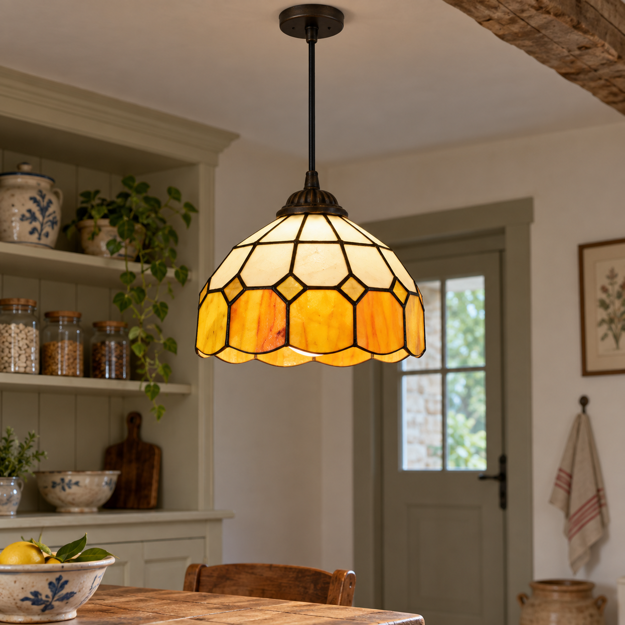 Tiffany-style multicolor stained-glass pendant light