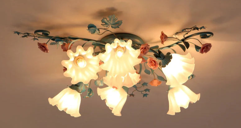 6+1 head Korean Rose Ceiling Lamp illuminated at night, featuring soft LED glow and floral design for cozy interiors.