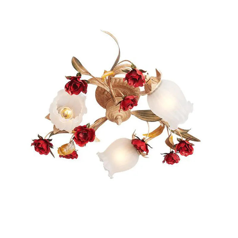 Compact romantic rose LED pendant chandelier with gold leaves and red roses, suitable for bedrooms and cozy spaces.