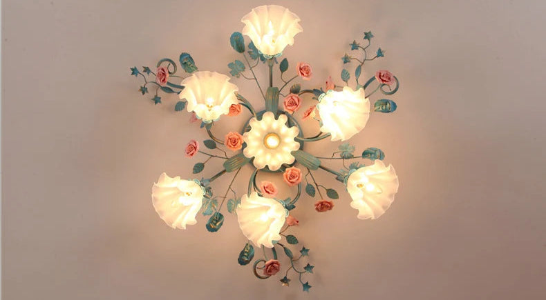 Top view of 6+1 head Korean Rose Ceiling Lamp with pastel floral accents, perfect for bedrooms and cafes.