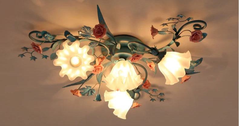 3+1 head Korean Rose Ceiling Lamp lit at night, showcasing soft floral LED lights for romantic ambiance.