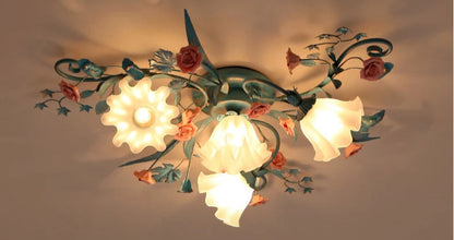 3+1 head Korean Rose Ceiling Lamp lit at night, showcasing soft floral LED lights for romantic ambiance.