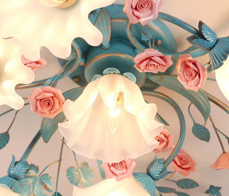 Detailed view of Korean Rose Ceiling Lamp's floral ceiling mount, crafted with pastel roses and vines.