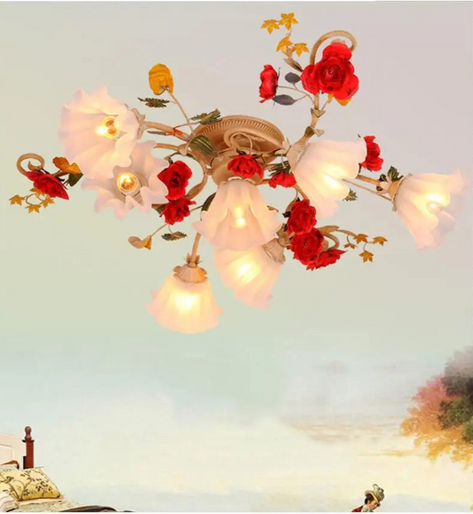 Princess Floral Ceiling Light with LED bulbs and red rose accents, ideal for girls’ bedrooms and romantic living spaces.