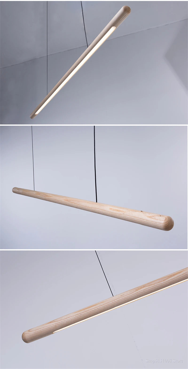 Light wood version of the Walnut Pendant Light with LED strip, offering a natural tone for Scandinavian or modern home decor.