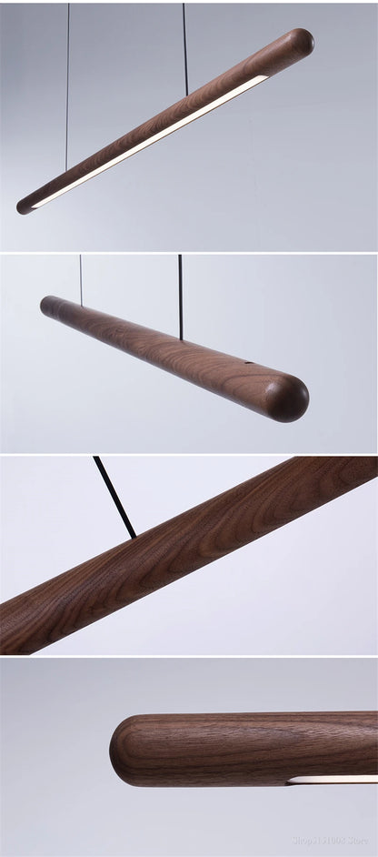 Multiple angles of the Black Walnut Pendant Light showing its cylindrical wooden body and integrated LED lighting for ceiling use.
