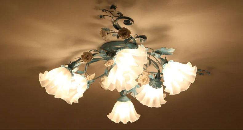 Romantic 6+1 head Korean Rose Ceiling Lamp with glowing floral LED lights, ideal for Mediterranean-style interiors.