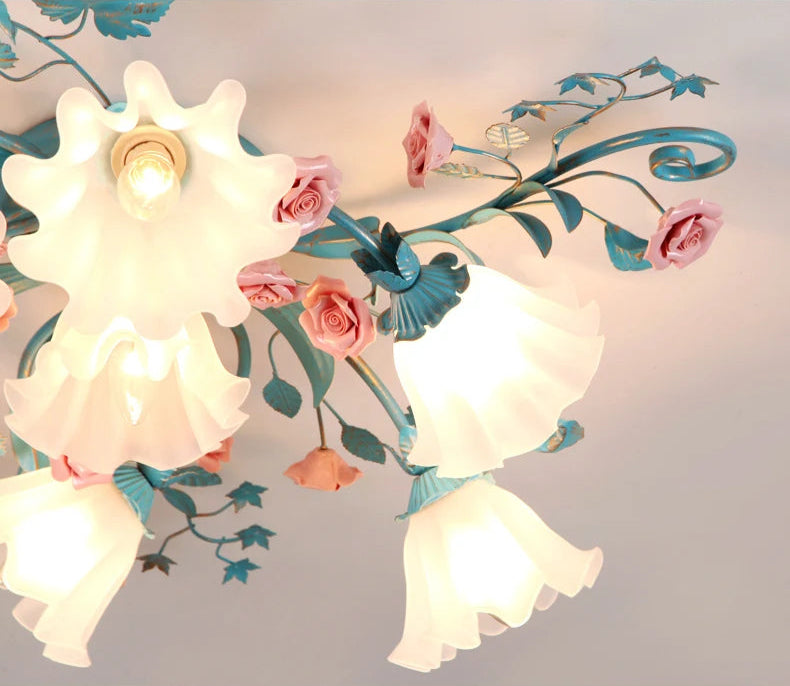 Close-up of Korean Rose Ceiling Lamp glass shade with soft LED light, highlighting floral craftsmanship.