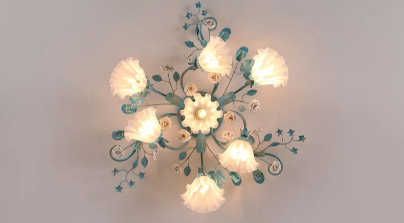 Overhead view of 6+1 head Korean Rose Ceiling Lamp with white and blue floral elements, enhancing elegant ceiling decor.