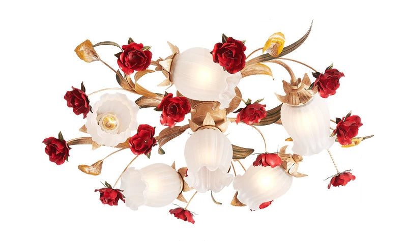 Floral-themed bedroom pendant chandelier with LED lights, featuring red roses and gold accents for romantic home lighting.