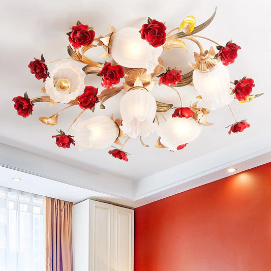 Bedroom pendant chandelier with romantic rose design and LED lights, ideal for weddings and elegant living room decor.