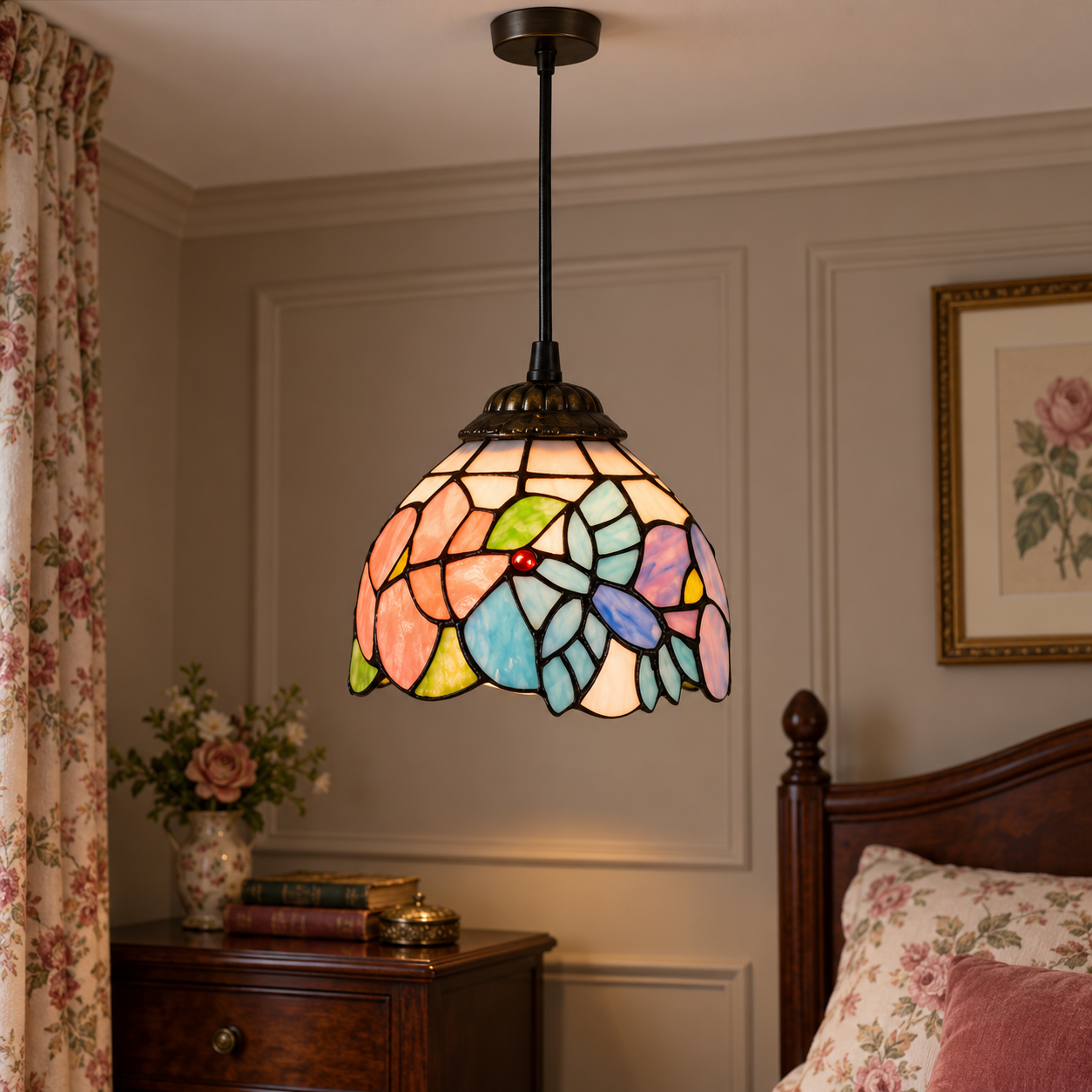 Tiffany-style multicolor stained-glass pendant light