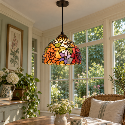 Tiffany-style multicolor stained-glass pendant light