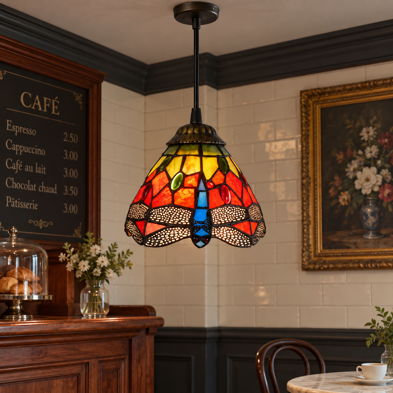 Tiffany-style multicolor stained-glass pendant light