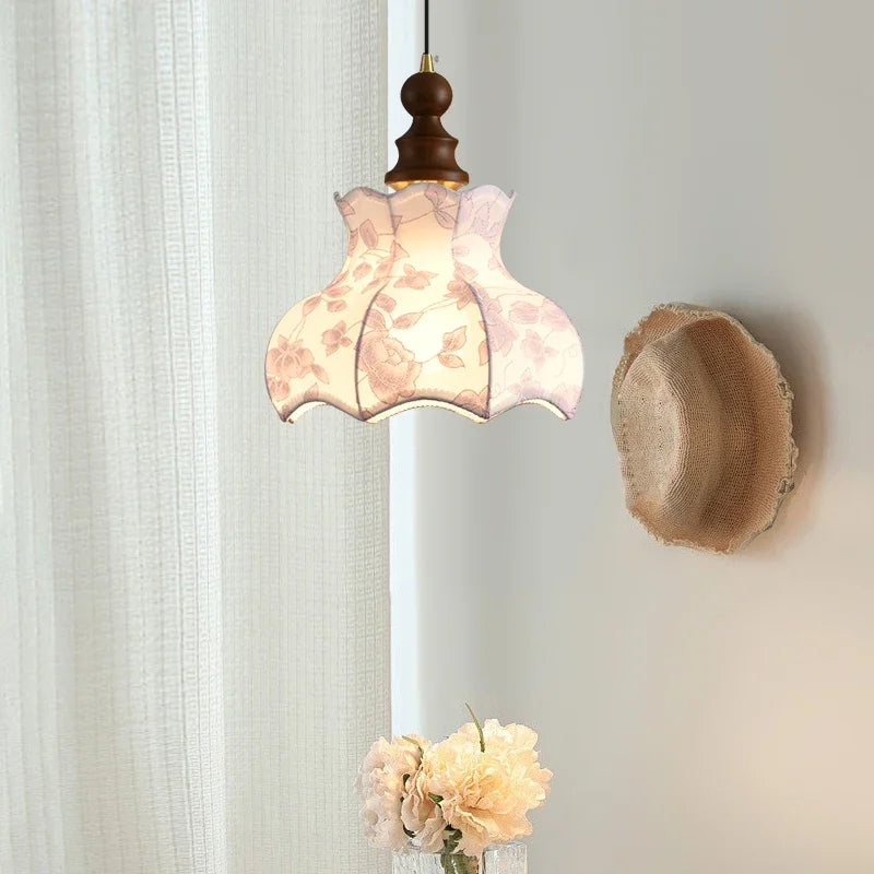 Nordic Pendant Light with pink floral cloth shade and wooden top, a charming LED hanging lamp for bedroom or hallway.