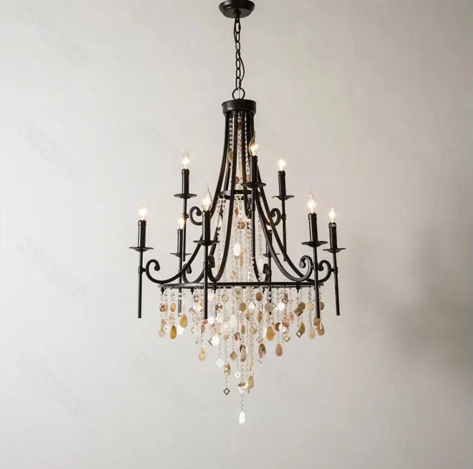 Long drop crystal shell chandelier for high-ceiling