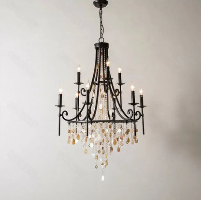 Long drop crystal shell chandelier for high-ceiling