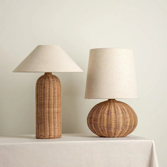Wabi-sabi fabric wood table lamp set with Japanese design, featuring two rattan bases and neutral fabric shades for bedroom or study decor.