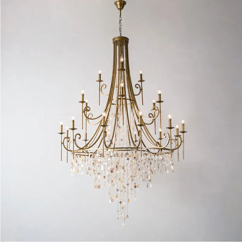 Long drop crystal shell chandelier for high-ceiling
