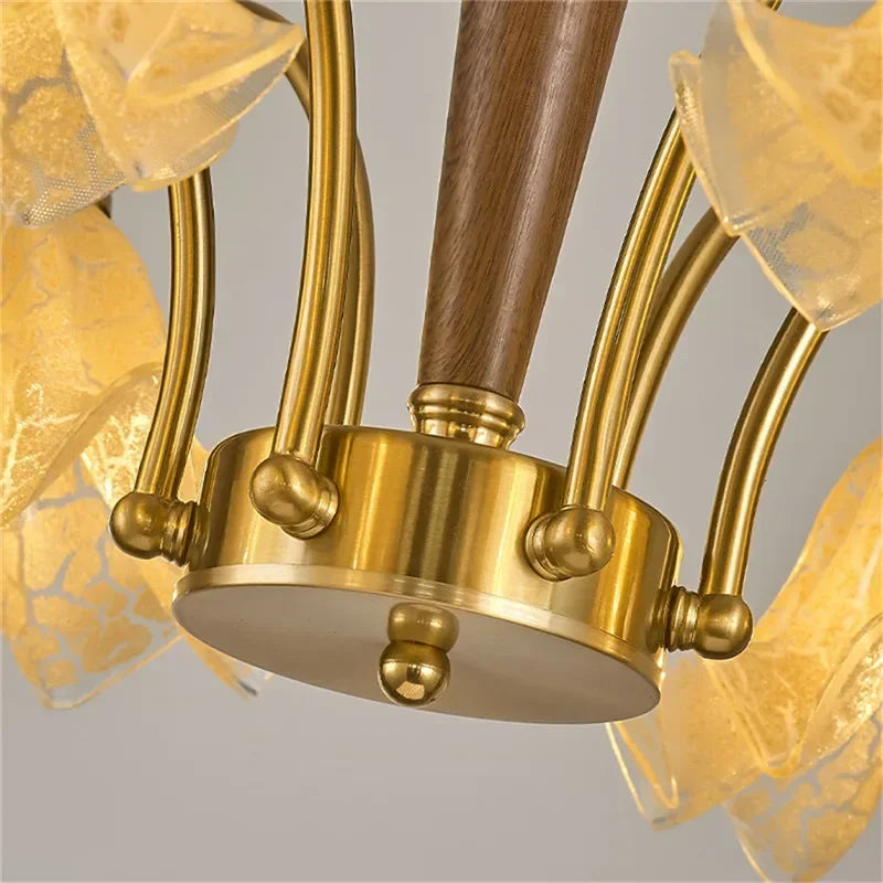 Base detail of Contemporary LED Pendant Light showing brass and wood finish, emphasizing premium build and retro-modern design.