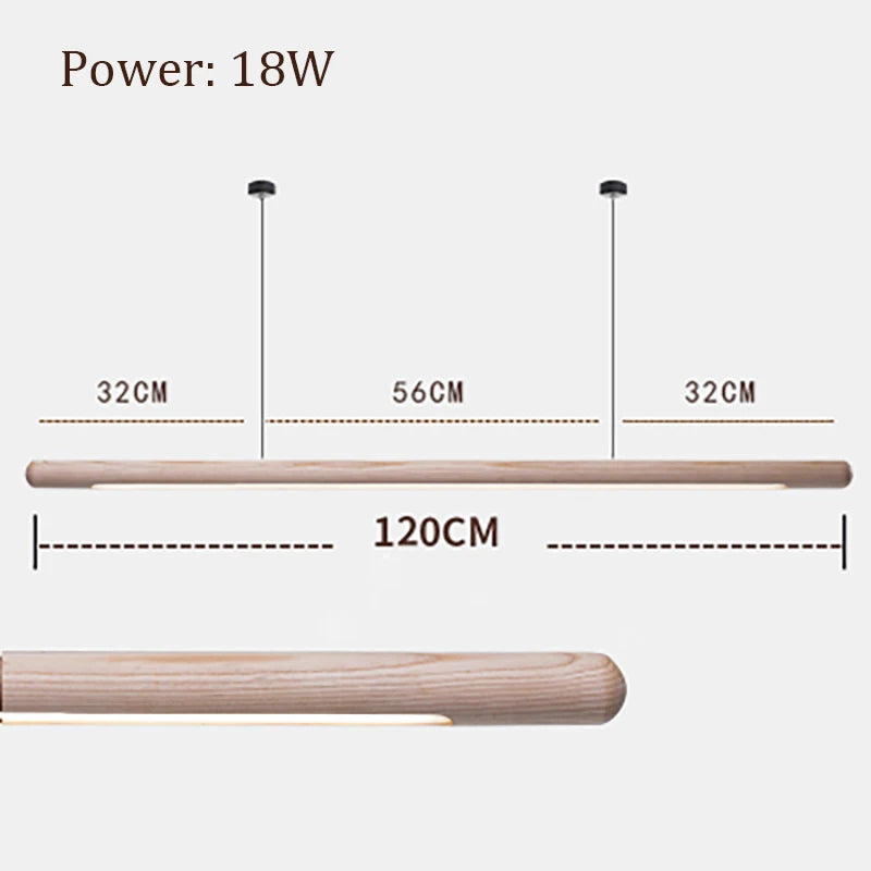 Technical diagram of 120cm light wood pendant lamp with 18W power, ideal for kitchen islands or dining tables.