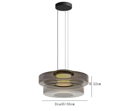 Smoke grey two-tier glass pendant light with 45cm and 35cm diameters. LED lighting and adjustable wire for modern decor.
