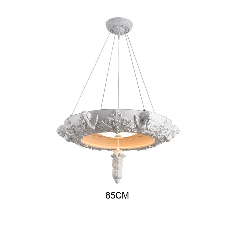 85cm angel-themed carved plaster chandelier - french farmhouse ceiling light with 60W LED and adjustable suspension.
