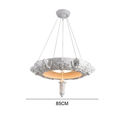 85cm angel-themed carved plaster chandelier - french farmhouse ceiling light with 60W LED and adjustable suspension.