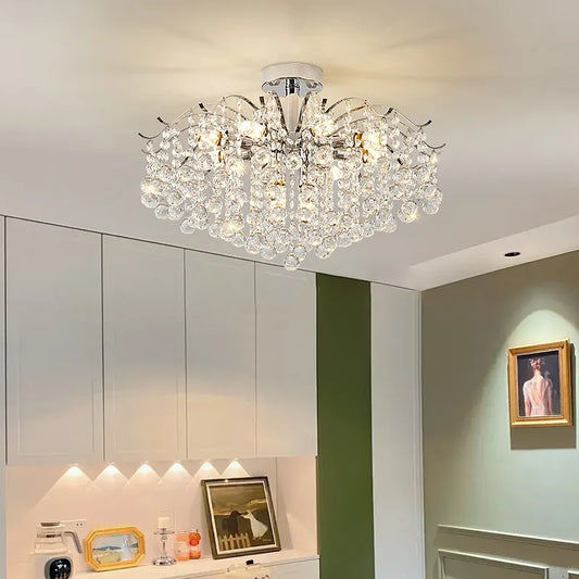 LED Crystal Chandelier with vintage European design in a modern kitchen. Certified, energy-saving lighting fixture for home interiors.