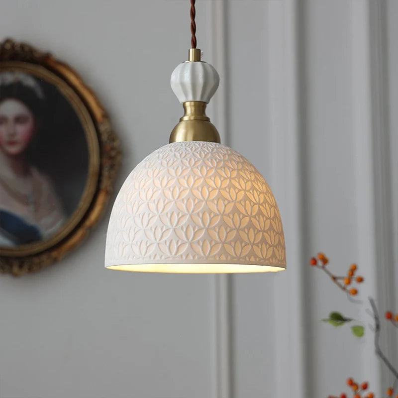French Modern Cream Chandelier with brass accents and floral-patterned ceramic shade, ideal for bedroom or dining room lighting.