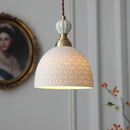 French Modern Cream Chandelier with brass accents and floral-patterned ceramic shade, ideal for bedroom or dining room lighting.