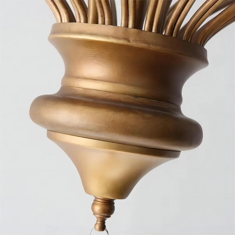 Detailed view of the bronze base of the retro crystal chandelier, highlighting its vintage-inspired elegant design.