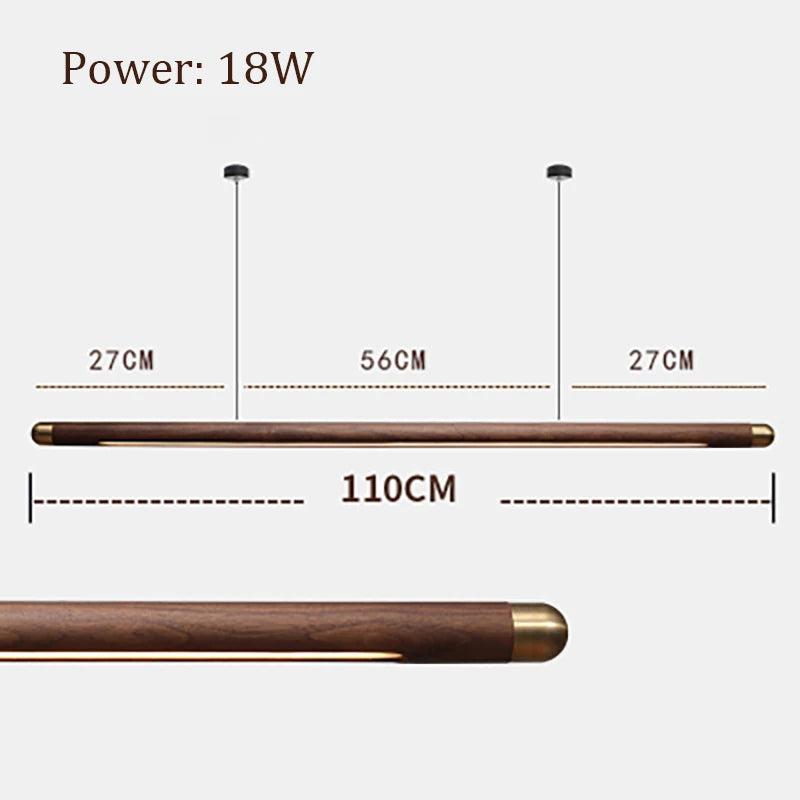 110cm Black Walnut Pendant Light with 18W power and brass ends, designed for modern kitchens and dining spaces.