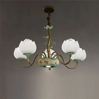 Five-light lotus flower chandelier with LED bulbs and floral ceramic base, ideal for cozy living or bedroom spaces.